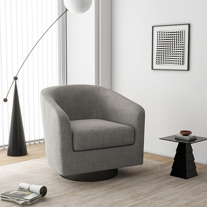 Swivel Barrel Accent Chair, Modern Round Linen Arm Chair for Living Room, Bedroom, Comfy Club Reading Chairs for Adults（Linen Fabric, Khaki, Set of 4