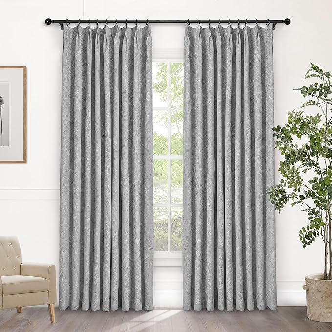 Macochico Pinch Pleated Blackout Curtains 102 Inches Long 100% Blackout Natural Linen Drapes for Bedroom Living Room Windows Farmhouse Burlap Curtains with Tieback 52”Wx102”L Light Grey 1 Panel