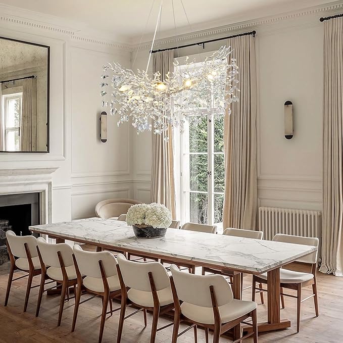 Modern Crystal Silver Chandelier, 36" Large Rectangular Oval Tree Branch Crystal Chandeliers for Dining Room,16-Light Flush Mount K9 Crystal Chandeliers, for Kitchen Island,Dining Room