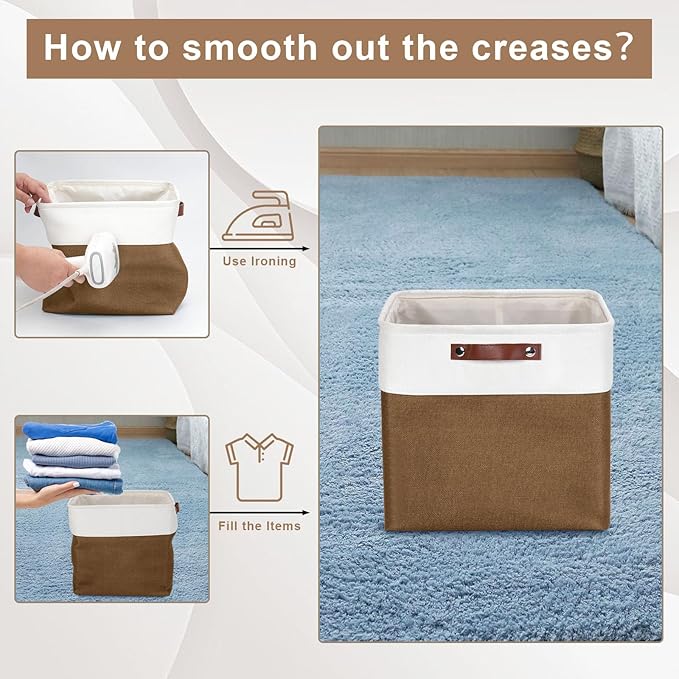 13x13 Cube Storage Bins, Collapsible Fabric Storage Box, 4 Pack Closet Baskets with Handles for Organizing, Shelf, Toys, Clothes, Home, Office, Nursery (Brown&White)