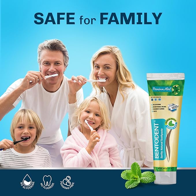 Bentodent Remineralizing Food Grade Organic Calcium Bentonite Clay Toothpaste Fluoride Free Natural Toothpaste for Adult & Kids - Mineral Toothpaste Sensitive Teeth Whitening (Premium Mint)