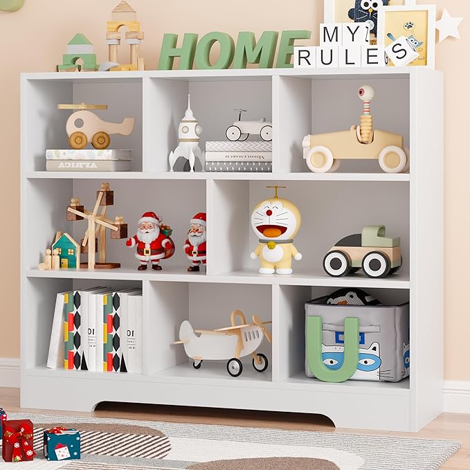 Book Shelf, 8 Cubes Storage Organizer, 3-Tier Open Shelf Wooden Bookcase, Freestanding White Bookshelf Cube Shelf for Bedroom, Living Room