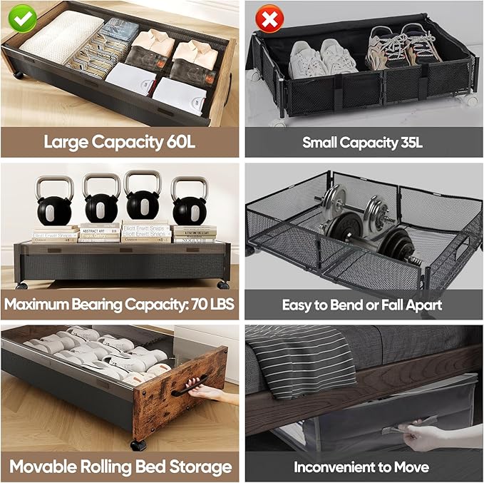 Wooden Under Bed Storage with Wheels, Rolling Under the Bed Storage Bins with Removable Lid, Metal Under Bed Drawers for Clothes and Shoes in Bedroom or Living Room(Vintage Brown-1pack)