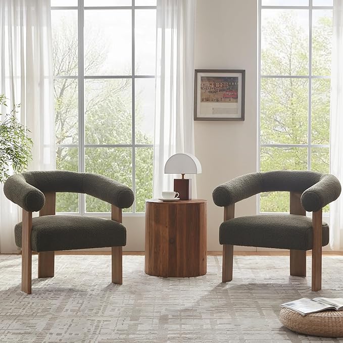 VKNOW Accent Chairs Living Room Chairs, Modern Upholstered Armchair with Solid Wood Legs, Comfy Barrel Arm Chairs for Living Room Office, Sage Green
