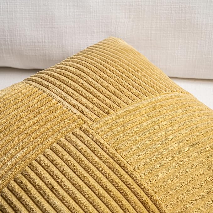 Fancy Homi Set of 2 Mustard Yellow Boho Long Lumbar Body Decorative Throw Pillow Cover 14x36 Inch for Bed Couch Bedroom Bench, Soft Patchwork Corduroy Pillow Case, Rustic Farmhouse Room Décor