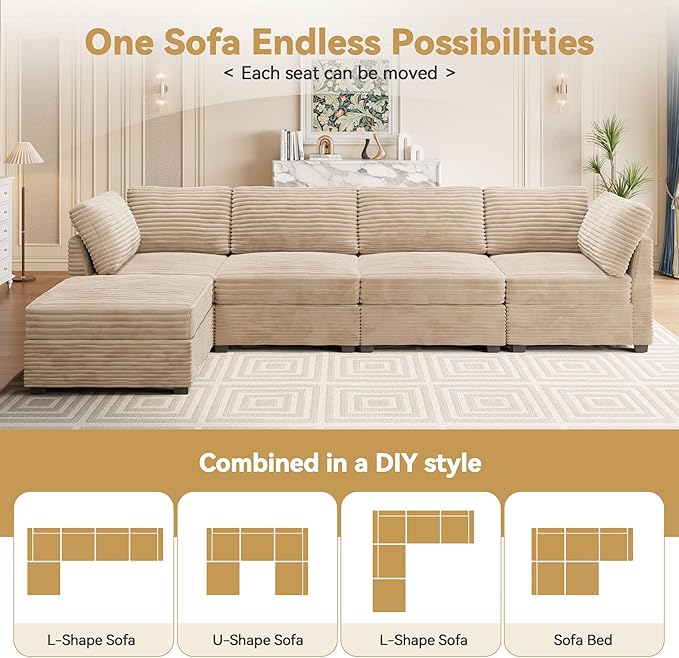 Modular Sectional Sofa with Chaise, U-Shaped 5-Seater Cloud Couch for Living Room, Plush Corduroy Fabric, Includes Movable Ottoman, Beige