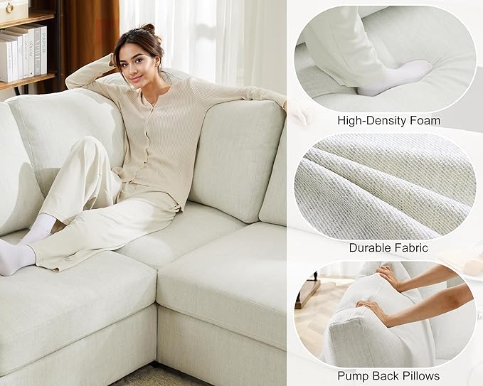 L Shaped Sectional Sofa with Ottoman,Rolled Armrest,Modern Sectional Modular Couch for Living Room,Breathable Linen Fabric Corner Couch with 7 Seats for Apartment,Removable Sofa Cushion,Ivory