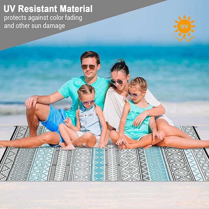 GAOMON Outdoor Plastic Straw Rug, 10'x14' Reversible Sage Green Patio Mat, Flower Modern Design for RV, Backyard, Deck, Camping, Picnic, Blue/Grey(Bohemia)