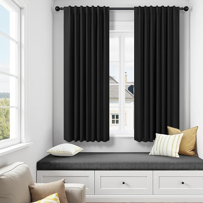 DANCURTON Black Blackout Curtains 63 Inch Length for Bedroom 2 Panels Set Back Tab Living Room Darkening Dark Out Heavy Thick Linen Farmhouse Insulated Thermal Curtain for Winter Summer 63 Inches Long