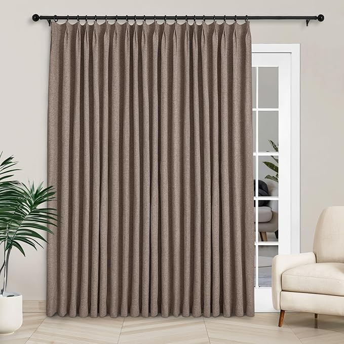 Macochico 100”Wx96”L Pinch Pleated 100% Blackout Linen Curtains Thermal Sliding Curtains for Bedroom Living Room Sliding Glass Door Farmhouse Shabby Chic Light Brown Drapery with Tieback 1 Panel