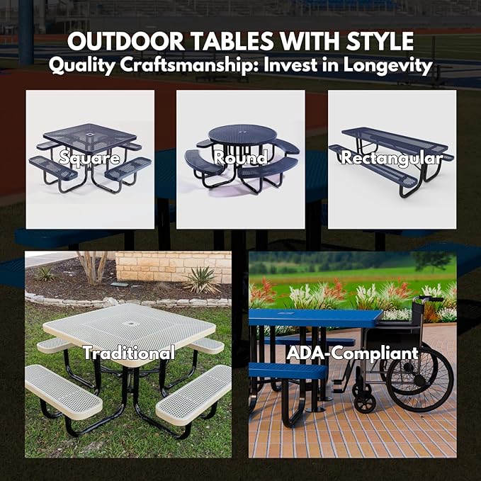 Heavy-Duty Portable Outdoor Picnic Table with Umbrella Hole, Punched Steel Patio Dining Furniture Made in America (46" Round Top, Black)