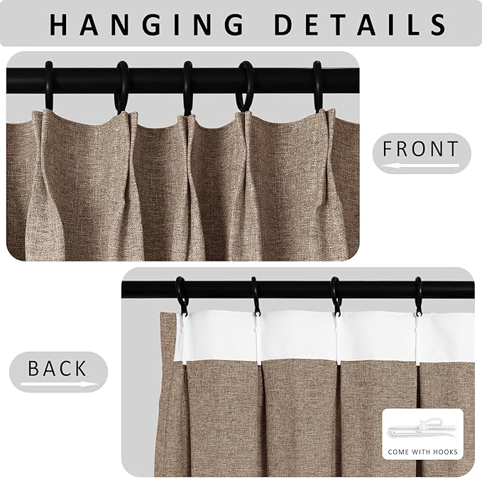 Macochico Pinch Pleated Blackout Curtains 102 Inches Long 100% Light Blocking Taupe Linen Drapes for Bedroom Living Room Farmhouse Shabby Chic Burlap Curtains with Tieback 72”Wx102”L 1 Panel