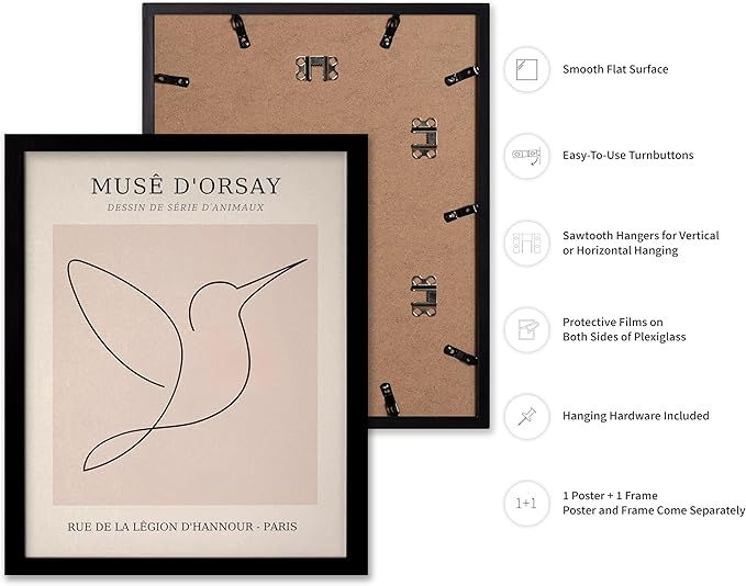 Poster Master Vintage Poster - Retro One Line Hummingbird Drawing Print - Bird Line Art - Minimal Gift for Him, Her, Animal Lover - Abstract Decor for Home, Office, 16x20 Black Framed