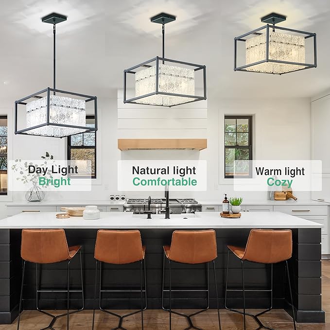 IKK Modern Foyer Chandelier, Black Crystal Chandelier for Dining Room, Square Entryway Light Fixture Hanging, Easily Adjustable Height Glass Chandeliers for Kitchen Island, Elegant Water Ripple