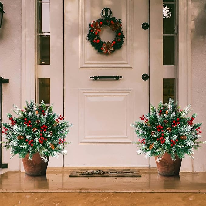 2 Pack Lighted Artificial Christmas Urn Filler, Battery Operated Pre-lit Xmas Pine Trees, Tripod Stake and 60 LED Lights, Holiday Porch Decorations for Porch, Yard, Garden, Flower Beds（Warm White）