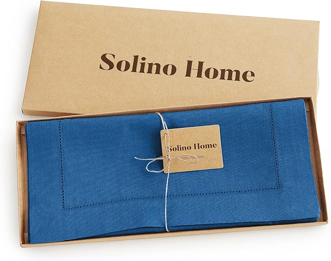 Solino Home Linen Hemstitch Table Runner 120 Inches Long - 100% Pure Linen Indigo Blue Table Runner 14 x 120 Inch for Fall, Autumn - Classic Hemstitch