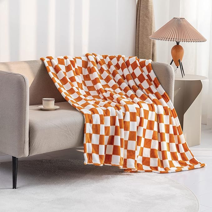 LOMAO Throw Blankets Flannel Blanket with Checkerboard Grid Pattern Soft Throw Blanket for Couch, Bed, Sofa Luxurious Warm and Cozy for All Seasons (Orange, 90"x110")
