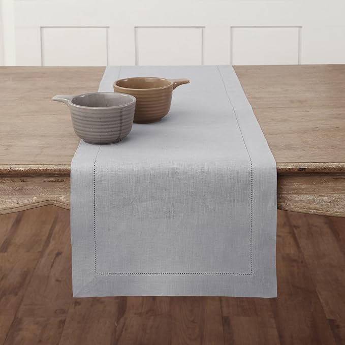 Solino Home Linen Soft Grey Table Runner 60 Inches - Classic Hemstitch, 100% Pure Linen Coffee Table Runner 14 x 60 Inch Ideal for Dresser Tables - Fall, Autumn, Halloween, Thanksgiving