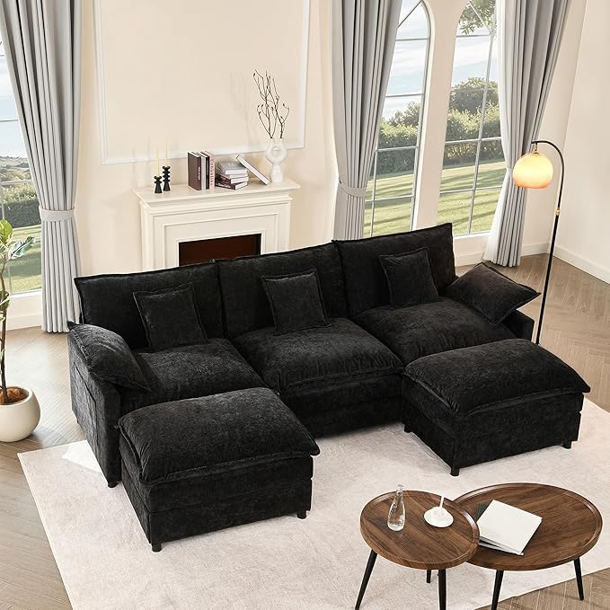 108" U Shaped Couch, Modular Sectional Sofa, 3-Seater Comfy Cloud Couch with Movable Ottoman, Deep Seat Couches for Living Room, Chenille, Black