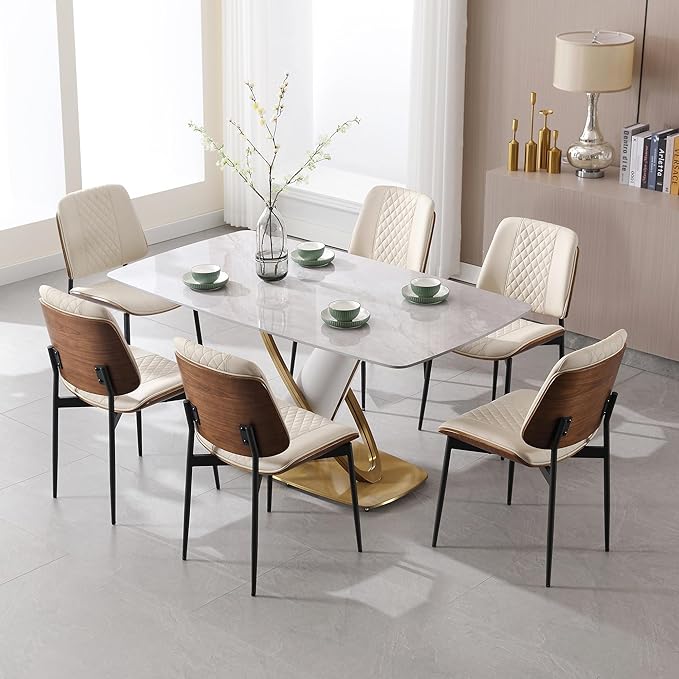 BV Dining Chairs Set of 6, PU Leather Armless Kitchen Chair in Modern Walnut Style, Mid Century Bentwood Side Chair with Metal Legs, Retro Accent Guest Chair for Kitchen Dining Room(Beige)