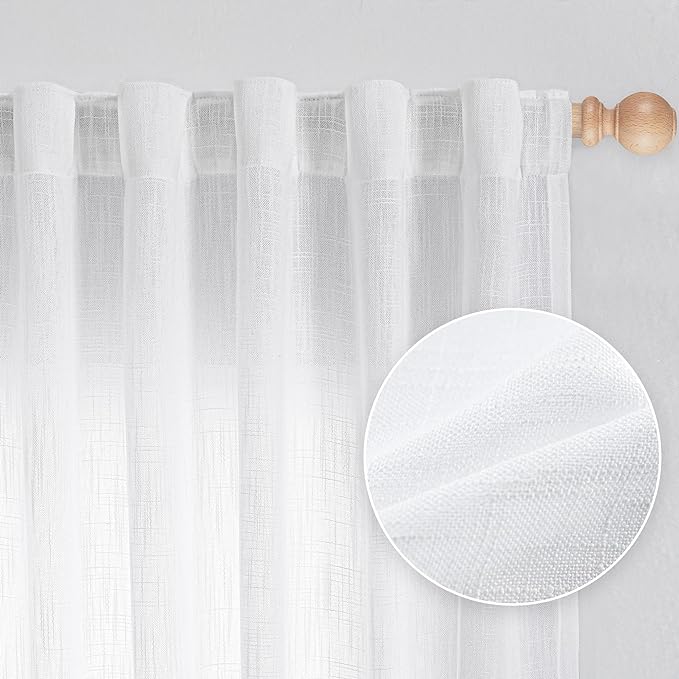 MYSKY HOME White Curtains 95 Inches Long Semi Sheer Drapes Light Filtering for Sliding Glass Door Window Treatments Soft Cotton Blend Panels Linen Look Farmhouse Style, 50" x 95", 2 Pieces
