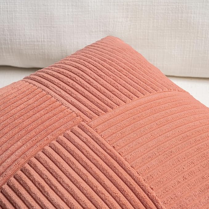 Fancy Homi Set of 2 Coral Boho Long Lumbar Body Decorative Throw Pillow Cover 14x36 Inch for Bed Couch Bedroom Bench, Soft Patchwork Corduroy Textured Pillow Case, Rustic Farmhouse Room Décor