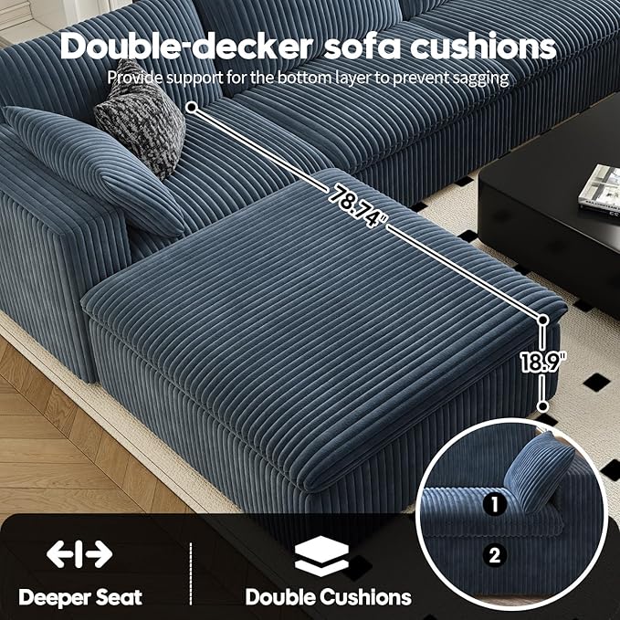 118" Cloud Couch Oversized Modular Sectional Sofa for Living Room,Modern Sofa with Deep Seat，6 Seater Boneless Couch,Comfy Upholstered Corduroy Couches for Apartment, Studio, Office,Bedroom，Blue
