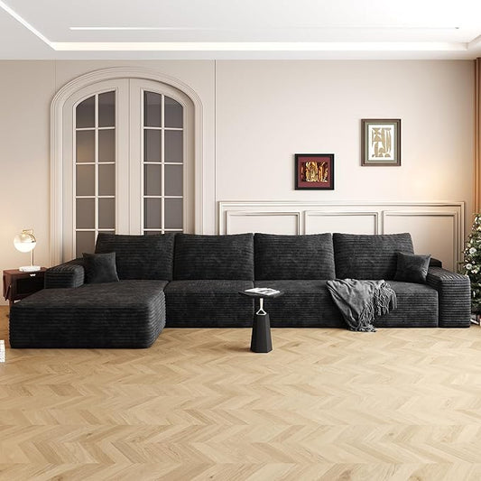 136" Sectional Couches for Living Room Modern Modular Sofa with L-Shape Couchs Upholstered Boneless Couch Deep Seat Sectional Couch with Chaise (Black, Left Facing Chaise+3Seaters)