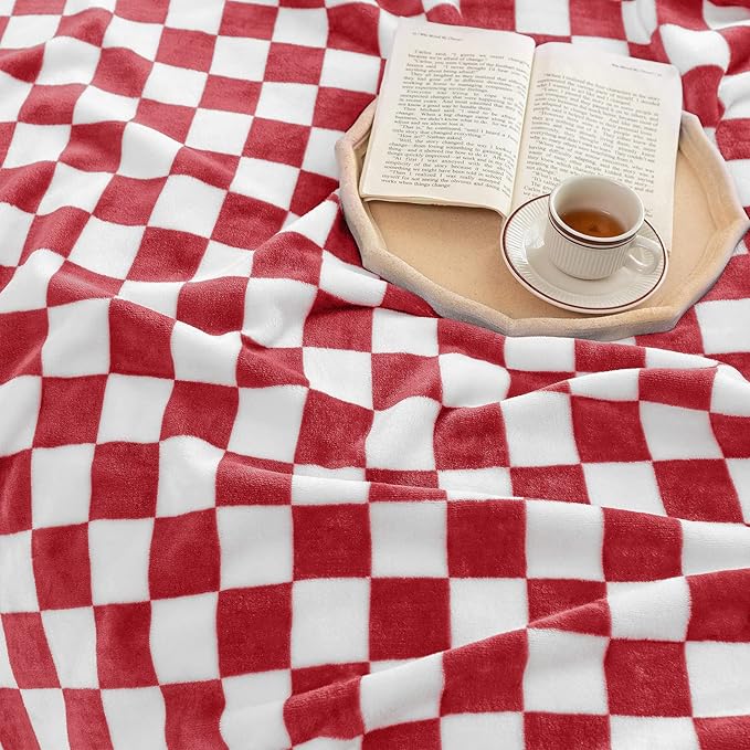 LOMAO Throw Blankets Flannel Blanket with Checkerboard Grid Pattern Soft Throw Blanket for Couch, Bed, Sofa Luxurious Warm and Cozy for All Seasons (Red, 50"x60")