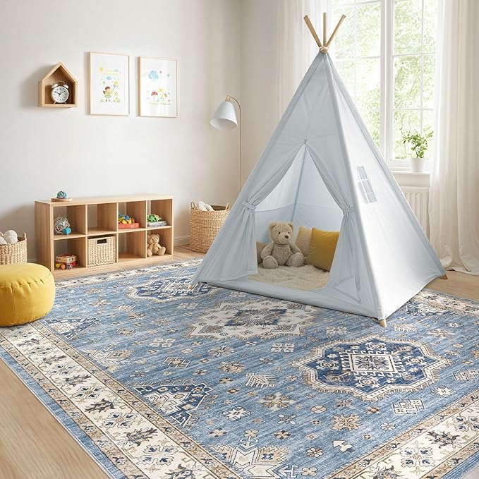 Washable Area Rugs for Living Room -10x14 Neutral Vintage Distressed Floral Farmhouse Boho Large Soft Floor Rug Indoor Non Slip Carpet for Living Room Bedroom Dining Room Office - Blue