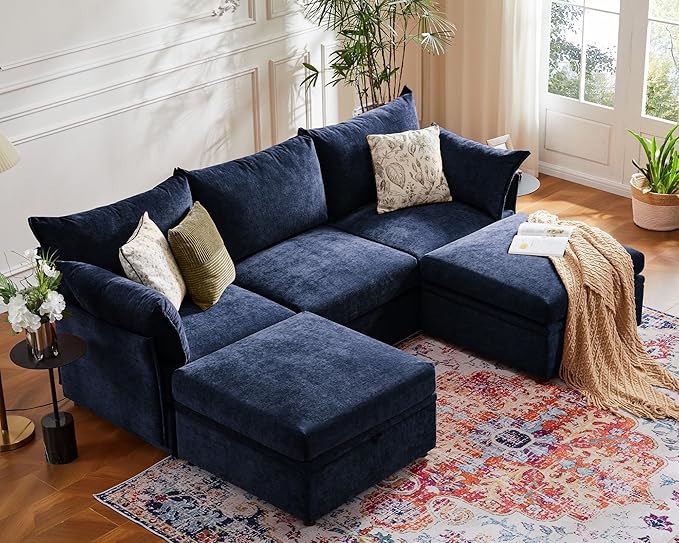 102.6" U Shaped Modular Sectional Sofa, 5 Seater Couch with Storage Ottoman Deep Seat and High Backrest with Removable Cover for Living Room, Apartment - Chenille Blue