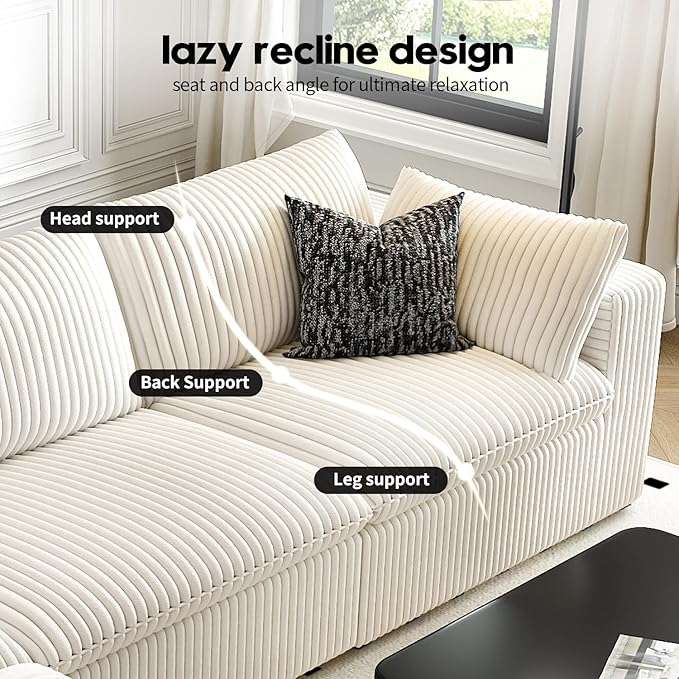 118" Cloud Couch Modular Sectional Sofa for Living Room,Modern Sofa with Deep Seat，L-Shape Boneless Couch with Ottoman,Comfy Upholstered Corduroy Couches for Apartment, Studio, Office,Bedroom，White