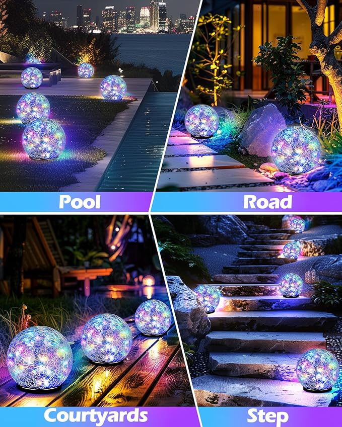 Garden Solar Ball Lights Outdoor Waterproof, 50 LED Cracked Glass Globe Solar Power Ground Lights for Path Yard Patio Lawn, Outdoor Decoration Landscape Colorful(2 Pack 4.7'')