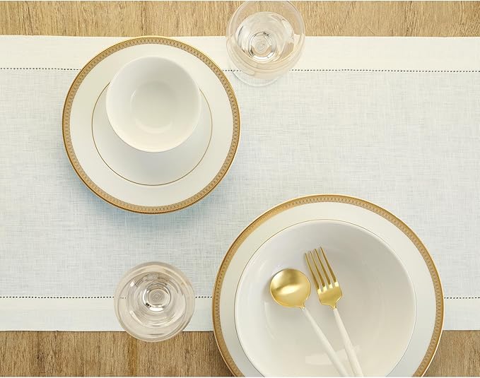 Solino Home Linen Ivory Table Runner 120 Inches Long - 100% Pure Linen 14 x 120 Inch Table Runner for Fall, Autumn, Thanksgiving - Classic Hemstitch