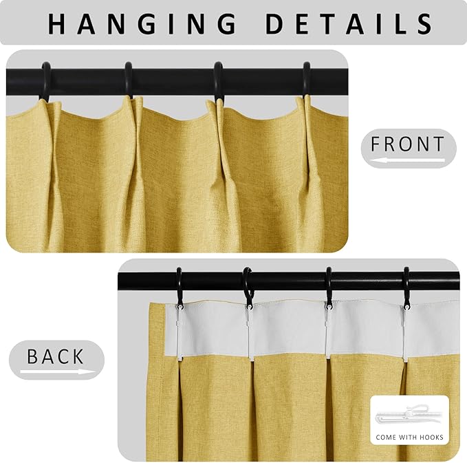 Macochico Yellow 100% Blackout Linen Curtains 96 Inches Long Pinch Pleated Curtains for Bedroom Living Room Nursery Farmhouse Insulated Sound Reducing Drapery with Tieback 84”Wx96”L 1 Panel