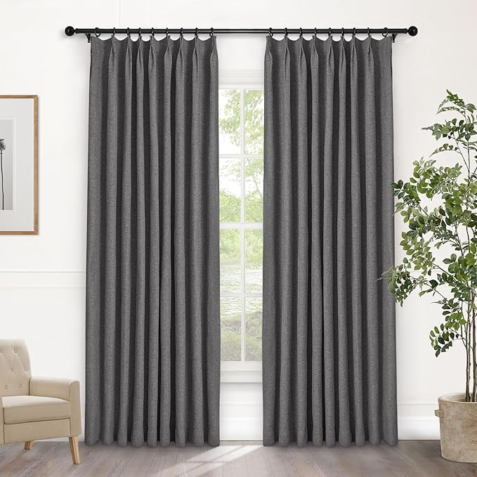 Macochico Pinch Pleated Full Blackout Curtains for Bedroom Living Room Natural Grey Linen Curtains Thermal Insulated and Noise Reducing Window Panels with Tieback Shabby Chic Decor 84”Wx84”L 1 Panel