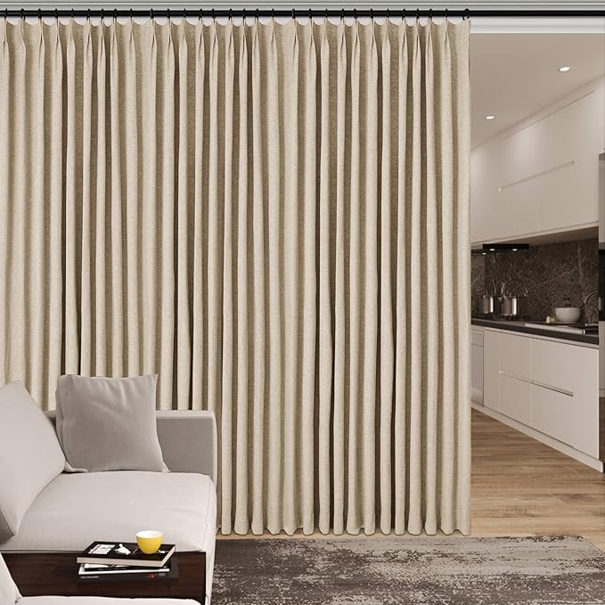 120" Wx102 L Linen Room Divider Drapes for Doorway/Glass Window/Sliding Door/Patio, Extra Wide Pinch Pleated Full Blackout Curtains for Girls Boys Teen Kids Room, 1 Panel, Sand Beige