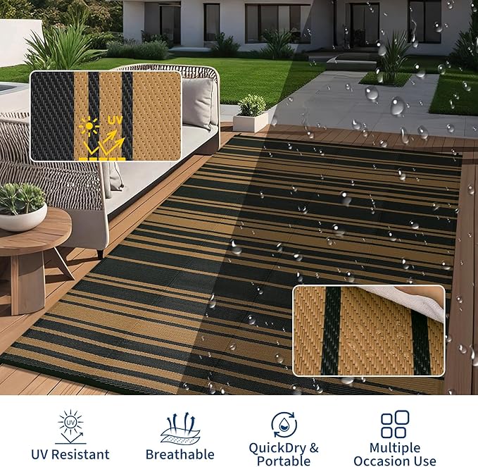 Outdoor Patio Rug 9x12 Stain-Resistant Reversible Camping Mat, Modern Striped Outdoor Plastic Straw Rug, Waterproof Outside Carpet, Easy to Clean for RV, Porch, Deck, Balcony, Black Brown