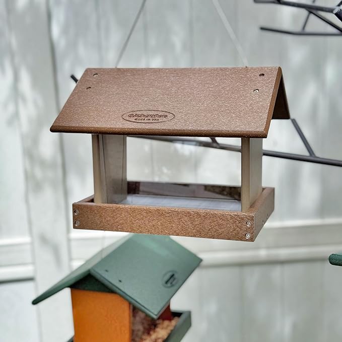 Poly Hanging Hopper Bird Feeder, Large Hanging Bird Feeder for Outside, Outdoors - Amish American Made (Tudor Brown & Weatherwood)