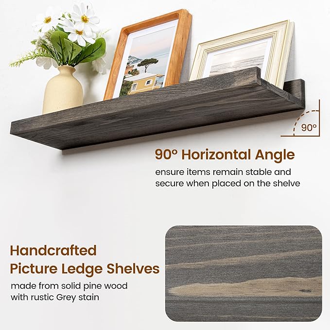 36 Inches Floating Shelves for Wall, Solid Pine Wood Picture Ledge Shelves, Wall Shelves with Lips, Nursery Book Shelves for Toys Storage Living Room Bedroom Photo Frames (2 Pcs, Grey)