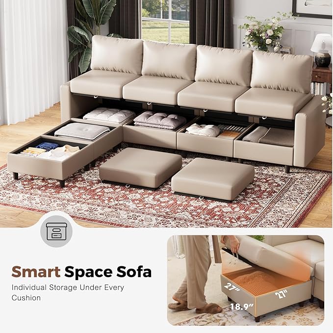 118.5" Faux Leather Modular Sectional Sofa, L Shaped Couch Set for Living Room, 6-Seater Comfy Cloud Couches with Movable Storage Ottoman Whitesand