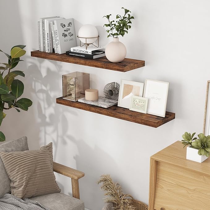 40 Inch Floating Shelvese, 40" W x 9" D Floating Shelf Set of 2, Farmhouse Wood Wall Shelves for Bedroom, Kitchen, Wall Mounted Deep Shelving for Home Decor, Rustic Brown Color