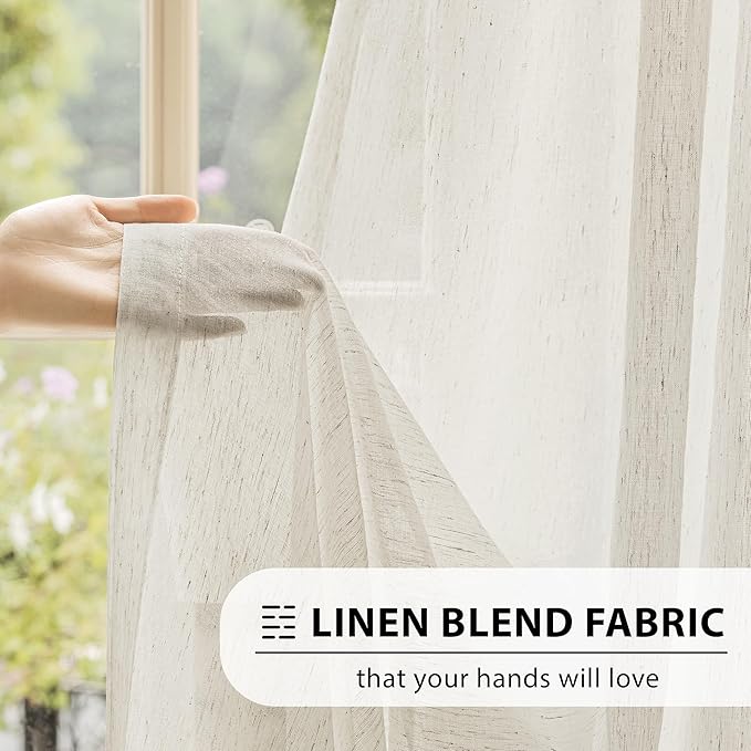 FMFUNCTEX Linen Sheer Sliding Door Curtains for Bedroom, Beige Curtains 96 Inches Long Window Curtain Drapes for Living Room, Natural Patio Glass Door Extra 100 Wide Curtain, Rod Pocket 1 Panel