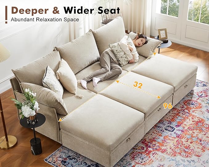 102.6" Luxury Modular Sleeper Sofa Bed 6 Seat Reversible Sectional Couch Deep Seat with Storage Chaises Removable Cover for Living Room, Apartment - Chenille Beige