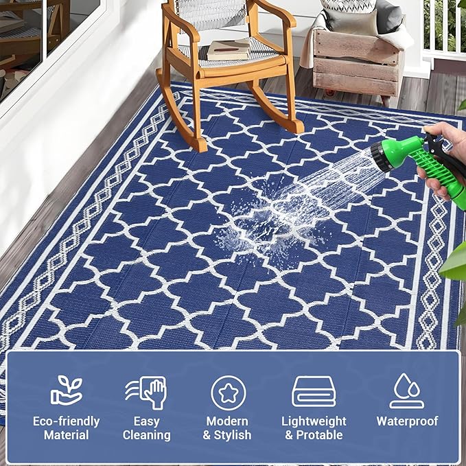 GAOMON Outdoor Plastic Straw Rug, 10'x20' Reversible Sage Green Patio Mat, Flower Modern Design for RV, Backyard, Deck, Camping, Picnic, Navy/White(Geometric)