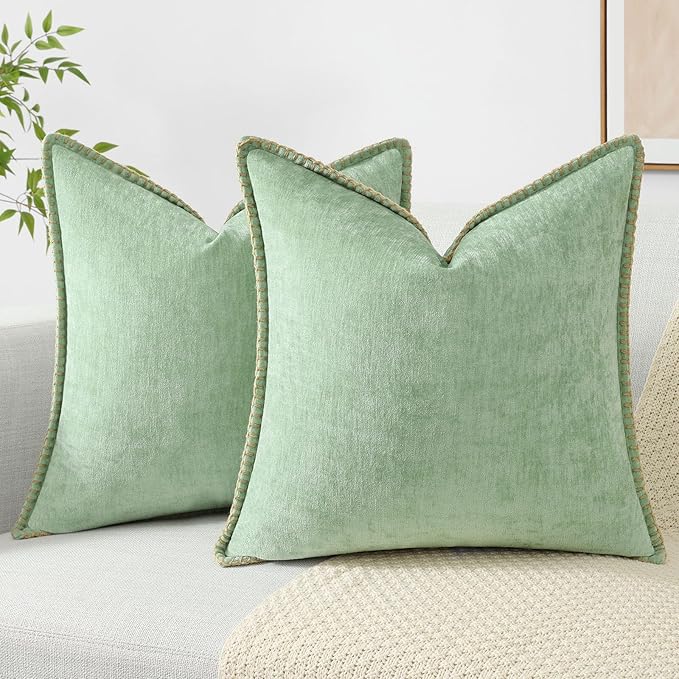 decorUhome Chenille Soft Throw Pillow Covers 22x22 Set of 2, Farmhouse Velvet Neutral Decorative Euro Pillow Covers with Stitched Edge for Couch Sofa Bed Home Decor, Sage Green