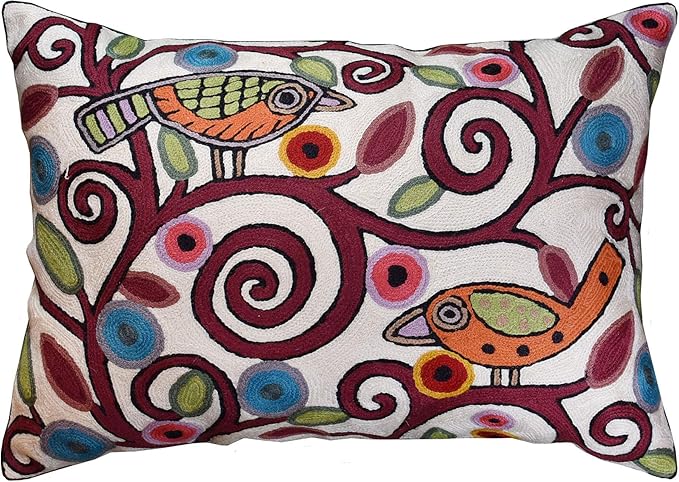 Lumbar Klimt Modern Pillow Cover | Cream, Multicolor Tree of Life, Birds, Floral Suzani Floral Pattern | 14" x 20" | 1 Count