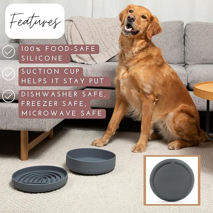 The Slowdown Bowl Silicone Slow Feeder for Dogs & Puppies, Slow Eating Modern Lick Mat Design Reduces Gulping, Fits 2.5 Cups 9.5” Across x 1.5” Tall, Mealtime Challenge, Large-Charcoal