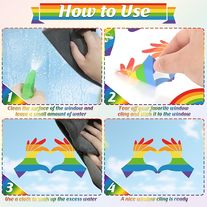 9 Sheets LGBT Rainbow Window Clings, Pride Decorations Window Cling, Gay Love Heart Stickers, Double-Side Pride Wall Clings Decals for Pride Day LGBTQ Rainbow Party Parades Supplies Decor