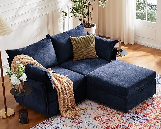 Luxury Modular Sectional Sofa, L-Shaped 3-Seat Couch with Storage Ottoman Deep Seat & Reversible Chaise Lounge Chenille Blue for Compact Spaces, Apartments, Dorm